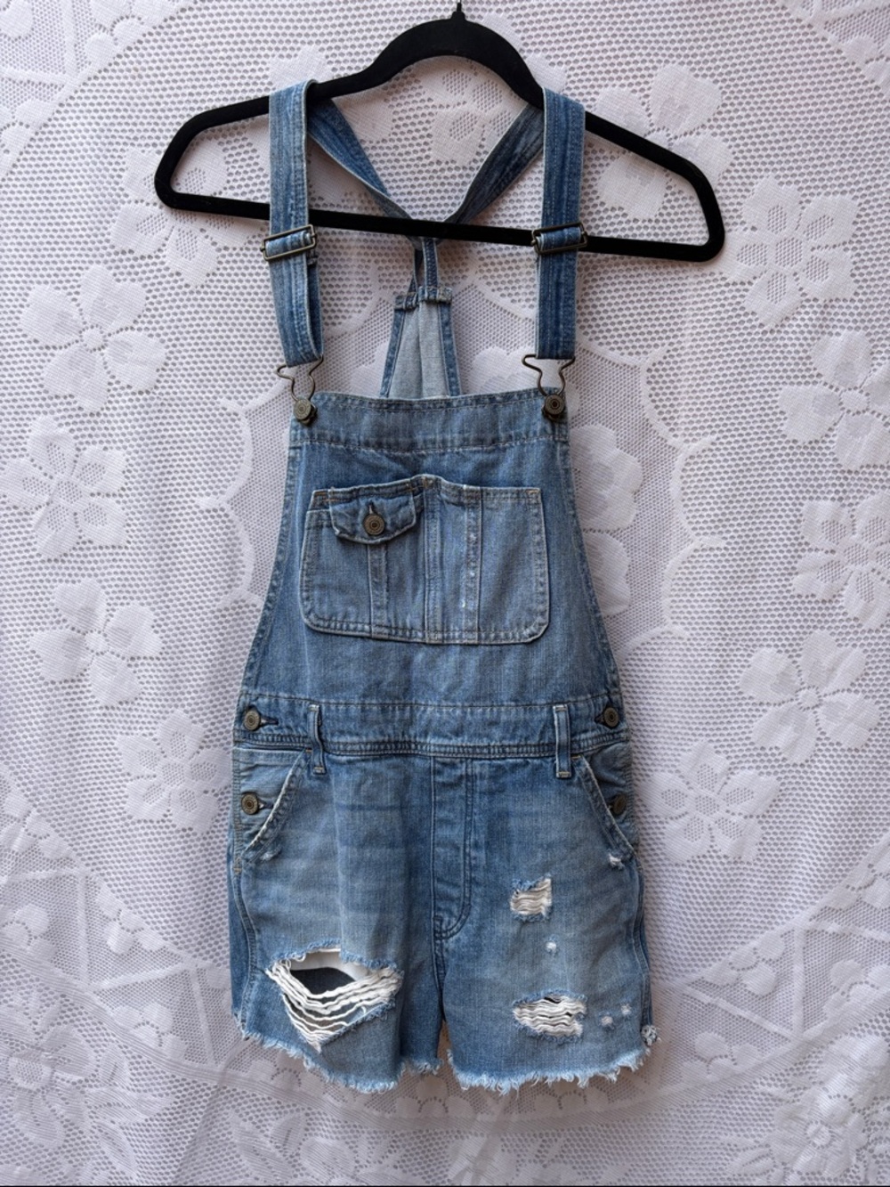 Abercrombie and Fitch Distressed Denim Short Overalls